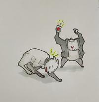 Artwork by tiniestyam. The art shows Hasan Piker activating a shock collar on his dog Kaya.