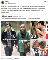 A "quote-tweet":https://knowyourmeme.com/memes/quote-retweets-qrts suggesting that Charli XCX should release a ""Not Like Us":https://knowyourmeme.com/memes/not-like-us" diss track against "Taylor Swift":https://knowyourmeme.com/memes/people/taylor-swift, concerning her past relationships with younger men, including Harry Styles, Taylor Lautner and Conor Kennedy, when they were roughly 17 and 18.
