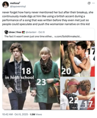 A "quote-tweet":https://knowyourmeme.com/memes/quote-retweets-qrts suggesting that Charli XCX should release a ""Not Like Us":https://knowyourmeme.com/memes/not-like-us" diss track against "Taylor Swift":https://knowyourmeme.com/memes/people/taylor-swift, concerning her past relationships with younger men, including Harry Styles, Taylor Lautner and Conor Kennedy, when they were roughly 17 and 18.