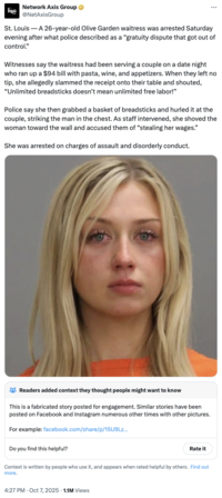 A "tweet":https://knowyourmeme.com/memes/sites/twitter-x that spread the rumor that a "viral video":https://knowyourmeme.com/memes/viral-videos existed of an Olive Garden waitress, who was seen throwing breadsticks out of anger.