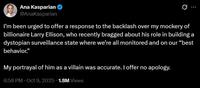 A tweet by Ana Kasparian. In the tweet she does not apologize for a viral clip of her mocking Larry Ellison that some believed was antisemitic.