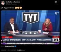 A tweet by Nick Fuentes. In the tweet he reacts with blushing Emojis to Kasparian seemingly mimicking the Happy Merchant.