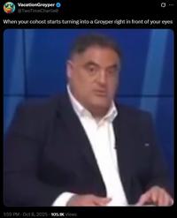 A meme using a Cenk Uygur face. The tweet reads, "When your cohost starts turning into a Groyper right in front of your eyes."