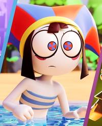 An image of Pomni from The Amazing Digital Circus. In the image she is wearing a bikini and is in the ocean at the beach.