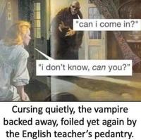 "can i come in?" "i don't know, can you?" Cursing quietly, the vampire backed away, foiled yet again by the English teacher's pedantry.