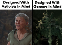 A version of the "designed with gamers vs. activists in mind" meme. The meme is about Auntie Ethel from Baldur's Gate 3.
