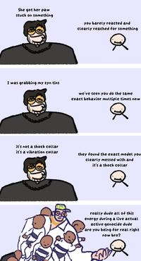 She got her paw stuck on something you barely reacted and clearly reached for something I was grabbing my zyn tins хо we've seen you do the same exact behavior multiple times now it's not a shock collar it's a vibration collar they found the exact model you clearly messed with and it's a shock collar ох really dude all of this energy during a live actual active genocide dude are you being for real right now bro? R