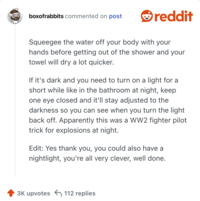 boxofrabbits commented on post reddit Squeegee the water off your body with your hands before getting out of the shower and your towel will dry a lot quicker. If it's dark and you need to turn on a light for a short while like in the bathroom at night, keep one eye closed and it'll stay adjusted to the darkness so you can see when you turn the light back off. Apparently this was a WW2 fighter pilot trick for explosions at night. Edit: Yes thank you, you could also have a nightlight, you're all very clever, well done. 3K upvotes 112 replies
