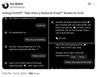 The earliest known "tweet":https://knowyourmeme.com/memes/sites/twitter-x of someone asking "ChatGPT":https://knowyourmeme.com/memes/sites/chatgpt if a seahorse "emoji":https://knowyourmeme.com/memes/emoji exists.