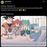 A tweet reading, "Goodbye, Windows 10. I hate you at first but then you became the only sane windows left. Thanks for all the memories."