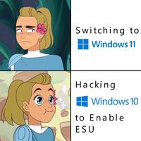 A meme about hacking Windows 10 to continue ESU updates. The meme was posted to /r/memes.