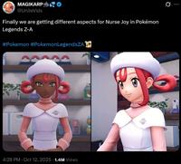 MAGIKARP @UniteVids Finally we are getting different aspects for Nurse Joy in Pokémon Legends Z-A #Pokemon #Pokemon LegendsZA 4:28 PM - Oct 12, 2025 1.4M Views 0