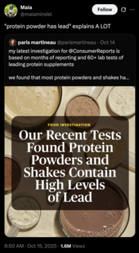 X user @maiamindel quoted the Consumer Reports investigation finding high levels of lead in leading protein supplements in the United States, writing, "protein powder has lead explains a lot."