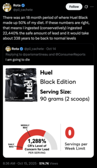 X user @pli_cachete tweeted, "There was an 18 month period of where Huel Black made up 50% of my diet. If these numbers are right, that means I ingested (conservatively) ingested 22,440% the safe amount of lead and it would take about 338 years to be back to normal levels," in response to learning that an investigation had found Huel Black to have high levels of lead.