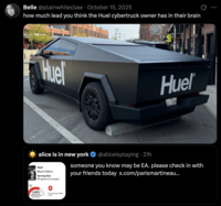 X user @plainwhiteclaw tweeted, "how much lead you think the Huel cybertruck owner has in their brain," alongside an image of a black Cybertrack with "Huel" branding on it. The post gathered over 3,000 likes in a day.
