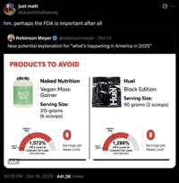 X user @questionableway tweeted, "hm. perhaps the FDA is important after all" in response to a post about high levels of lead being found in US protein supplements.