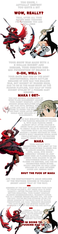 YOU KNOW, I ACTUALLY RESPECT YOU QUITE A BIT WOW, REALLY? YEAH, AFTER ALL YOUR SHOWS BEEN THROUGH I'M IMPRESSED YOU ARE STILL HERE YOUR SHOW WAS MADE WITH A 3 DOLLAR BUDGET AND DREAMS, YOUR CREATOR DIED MID PRODUCTION OF SEASON 3- O-OH, WELL I- YOUR SHOW HAD ONE OF THE MOST CONTROVERSIAL DEATH BATTLES BECAUSE OF HOW BAD THE SCALING WAS, GOT BOUGHT BY WARNER BROS, HAD TO BE IN THE SAME SHOW AS THE FAUNUS PLOTLINE, HAD HALF OF YOUR BUDGET STOLEN BY A FORMER CAST MEMBER- MAKA I GET- YOU HAD SEVERAL ALLEGATIONS OF WORK PLACE HARASSMENT AGAINST YOUR PARENT COMPANY, LOTS OF CRUNCH (SOME EMPLOYEES DIDN'T GET PAID UNTIL SEVERAL WEEKS LATER AND HAD TO SLEEP IN THE OFFICES TO FINISH THE SHOW), FIRED THE FIRST VOICE ACTOR FOR YOUR UNCLE QROW BECAUSE OF SAID HARASSMENT, YOU HAD GIGANTIC CONTROVERSIES IN THE FANDOM BECAUSE OF VOLUME 8, WITH SAID FANDOM BEING ALREADY SPLIT AFTER VOLUME 3 USING YOUR LATE-CREATORS NAME TO INSULT FANS OR CRITICS, WITH A YOUTUBER WITH 1.84 FOLLOWERS MAKING A HARSH CRITIQUE OF YOUR SHOW'S EARLY SEASONS WHICH MADE PEOPLE RETHINK OF THE WRITING QUALITY SINCE YOUR UPBRINGING MAKA YOUR HISTORY WITH CROSSOVERS, WITH MOST OF THE RWBY CHARACTERS PLANNED FOR BLAZBLUE (CINDER, ROMAN, JNPR, ADAM, ETC) GOING SEEMINGLY UNUSED OR JUST BEING USED AS PLACEHOLDERS, LOSING YOUR CHANCE TO BE ON MULTIVERSUS WHICH LATER CLOSED ITS SERVERS, AND THE DC CROSSOVERS BEING EITHER WILDLY DISLIKED OR ONLY LIKED BECAUSE OF A SHIP BETWEEN JAUNE AND JESSICA CRUZ SHUT THE F--- UP MAKA AND THE CONTROVERSY'S AGAIN BECAUSE OF THE WRITHING CHOICES IN VOLUME 9 (SORRY ABOUT THAT BY THE WAY) MEMBERS OF THE CAST ENCOURAGING YOUR FANS TO PIRATE VOLUME 9, NOT BEING ABLE TO EVEN ANIMATE A ENTIRE VOLUME (WITH THE ENDING GETTING SCRAPPED), YOUR PARENT COMPANY CLOSING UNCEREMONIOUSLY, WARNER'S HAVING YOU IN A FREEZER BEFORE SELLING YOU, AND NOW THE FACT YOU'RE GETTING STOMPED (PLUS I'VE HEARD RUMORS OF THE SHOW MADE BY GLITCH PRODUCTIONS AND DANA TERRANCE RELEASING TWO DAYS BEFORE OUR EPISODE COMES OUT ECLIPSING A BIT OF THE HYPE FOR OUR BATTLE) I RESPECT YOU FOR ENDURING ALL THAT AND MORE, YOU'VE SURVIVED WHAT NO OTHER FRANCHISE COULD SURVIVE AND I RESPECT YOU FOR IT IM GOING TO F------ KILL YA