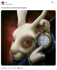 A "tweet":https://knowyourmeme.com/memes/sites/twitter-x using the White Rabbit Pointing at a Clock "image macro":https://knowyourmeme.com/memes/image-macros.