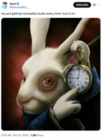 A "tweet":https://knowyourmeme.com/memes/sites/twitter-x using the White Rabbit Pointing at a Clock "image macro":https://knowyourmeme.com/memes/image-macros.