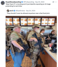 A "tweet":https://knowyourmeme.com/memes/sites/twitter-x about "Meal Team 6" trending on "Twitter / X":https://knowyourmeme.com/memes/sites/twitter-x in 2024, over an "AI image":https://knowyourmeme.com/memes/cultures/ai-art.