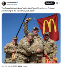 A "tweet":https://knowyourmeme.com/memes/sites/twitter-x using an "AI image":https://knowyourmeme.com/memes/cultures/ai-art of "Meal Team 6" National Guards in the format of "Trump's Fist Raised Photograph":https://knowyourmeme.com/memes/donald-trump-raised-fist-photograph.