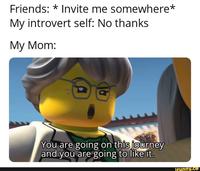 Friends: * Invite me somewhere* My introvert self: No thanks. My Mom: You are going on this journey and you are going to like it. ifunny.co