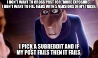 I DON'T WANT TO CROSS POST FOR "MORE EXPOSURE". I DON'T WANT TO FILL FEEDS WITH 5 VERSIONS OF MY TRASH. imgflip.com I PICK A SUBREDDIT AND IF MY POST FAILS THEN IT FAILS.