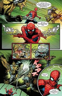 THWIP USUALLY, THE BAD GUYS LIKE TO MAKE A BIG SPEECH ABOUT WHY THEY'RE MAKING TROUBLE IN MY NEIGHBORHOOD... ...BUT YOU GUYS ARE APPARENTLY THE STRONG, SILENT TYPES. THWIP K SPLAK THAT'S TWO DOWN... C ..BUT MY SPIDEY-SENSE IS GIVING ME A MEAN TICKLE.