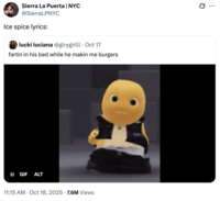A "tweet":https://knowyourmeme.com/memes/sites/twitter-x using the reaction "GIF":https://knowyourmeme.com/memes/cultures/gif of "Nailong":https://knowyourmeme.com/memes/nailong doing a "dwerk":https://knowyourmeme.com/memes/dwerking dance, captioned, "Farting in his bed while he making me burgers."