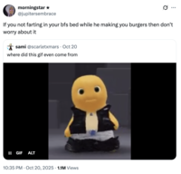 A "tweet":https://knowyourmeme.com/memes/sites/twitter-x using the reaction "GIF":https://knowyourmeme.com/memes/cultures/gif of "Nailong":https://knowyourmeme.com/memes/nailong doing a "dwerk":https://knowyourmeme.com/memes/dwerking dance, captioned, "Farting in his bed while he making me burgers."