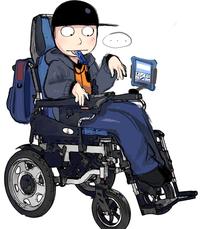 "Fan art":https://knowyourmeme.com/memes/cultures/fan-art of a disabled Kevin Spencer in an electric wheelchair, seemingly with cerebral palsy.