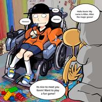 "Fan art":https://knowyourmeme.com/memes/cultures/fan-art of a disabled Kevin Spencer in an electric wheelchair, seemingly with cerebral palsy.