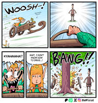 WOOSH! ENCHANTED WAGON KYAHAHAHA!! WAIT, I DON'T KNOW HOW TO DRIVE...! BANG!! WEB TOON Xmerrivius