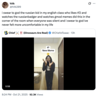 A "quote-tweet":https://knowyourmeme.com/memes/quote-retweets-qrts about a kid in someone's class doing the 61 Meme in real life and it making the user uncomfortable.