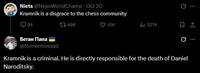 A tweet from X / Twitter user formermossad on October 20th, 2025, claiming that Vladimir Kramnik was responsible for Daniel Naroditsky' death.