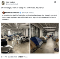 A "quote-tweet":https://knowyourmeme.com/memes/quote-retweets-qrts about employees at "Twitter / X":https://knowyourmeme.com/memes/sites/twitter-x sleeping in tents at X HQ.