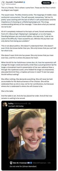 A "tweet":https://knowyourmeme.com/memes/sites/twitter-x from "Twitter / X":https://knowyourmeme.com/memes/sites/twitter-x user @ItIsHoeMath about Bailey Moon's "quote-tweet":https://knowyourmeme.com/memes/quote-retweets-qrts about voting for Democratic nominee "Zohran Mamdani":https://knowyourmeme.com/memes/people/zohran-mamdani in the 2025 New York City mayoral election.