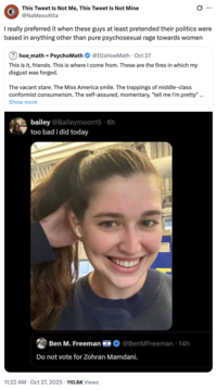 A "quote-tweet":https://knowyourmeme.com/memes/quote-retweets-qrts of @ItIsHoeMath's quote-tweet of Bailey Moon's "Zohran Mamdani":https://knowyourmeme.com/memes/people/zohran-mamdani post, calling @ItIsHoeMath a "Chud":https://knowyourmeme.com/memes/chud.