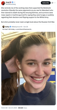 A "quote-tweet":https://knowyourmeme.com/memes/quote-retweets-qrts of Bailey Moon's post about voting for Democratic nominee "Zohran Mamdani":https://knowyourmeme.com/memes/people/zohran-mamdani in the 2025 New York City mayoral election, expressing contempt for Moon.