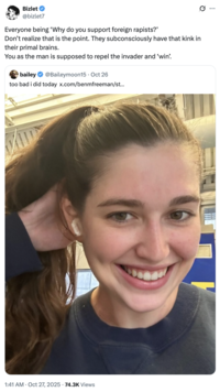 A "quote-tweet":https://knowyourmeme.com/memes/quote-retweets-qrts of Bailey Moon's post about voting for Democratic nominee "Zohran Mamdani":https://knowyourmeme.com/memes/people/zohran-mamdani in the 2025 New York City mayoral election, expressing contempt for Moon.