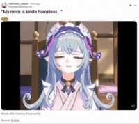A "Reddit":https://knowyourmeme.com/memes/sites/reddit post in the /r/r/Genshin_Impact subreddit, showing a "GIF":https://knowyourmeme.com/memes/cultures/gif of "_Genshin Impact_":https://knowyourmeme.com/memes/subcultures/genshin-impact character Mizuki as "IShowSpeed":https://knowyourmeme.com/memes/people/ishowspeed in the My Mom is Kinda Homeless clip.