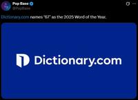 Pop Base tweeting about Dictionary.com's decision to make "67" its "Word of the Year" in late October 2025.