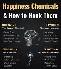 Happiness Chemicals & How to Hack Them DOPAMINE The Reward Chemical - Eating Food - Achieving a Goal - Complete a Task - Self-Care Activities OXYTOCIN The Love Hormone - Socialising - Physical Touch - Petting Animals - Helping Others ENDORPHIN The Painkiller - Exercising - Listening to Music - Watch a movie - Laughter SEROTONIN The Mood Stabilizers - Sun Exposure - Mindfulness - Meditation - Be With Nature