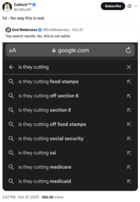 A "quote-tweet":https://knowyourmeme.com/memes/quote-retweets-qrts from X user "Catturd":https://knowyourmeme.com/memes/people/catturd about the Is They Cutting "meme":https://knowyourmeme.com/memes/memes.