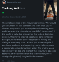 A review of The Long Walk. The review criticizes the protagonist for wearing jeans and being fat.