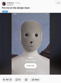 On October 29th, 2025, Redditor u/jonnesoh posted a meme about NEO the Home Robot showing a cat-like nose and smile scribbled on its face, gathering over 400 upvotes in a day.