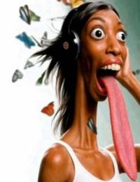 An "exploited":https://knowyourmeme.com/memes/exploitables "reaction image":https://knowyourmeme.com/memes/reaction-images version of the Girl With Headphones "meme":https://knowyourmeme.com/memes/memes, showing her with an elongated neck, popped eyes and a long tongue.