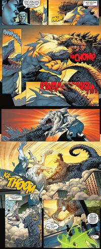 RIGHT NOW, I WANT YOUR ATTENTION ON KING SHARK AND GODZILLA.. WHAK "...HE'S HOLDING HIS OWN." KACHOMP THOOM "HOW'S SHARK FARING?" 11111 11 HE'S NOT, LUTHOR. HE LOST. ===== ======= AND HIS VITALS ARE SPIKING POSSIBLE CARDIAC ARREST... NO...