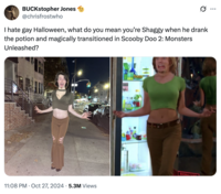 BUCKstopher Jones @chrisfrostwho I hate gay Halloween, what do you mean you're Shaggy when he drank the potion and magically transitioned in Scooby Doo 2: Monsters Unleashed? 11:08 PM Oct 27, 2024 5.3M Views BIOHAZA ...