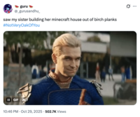 X user @_gurusandhu_ tweeted a #NotVeryOakOfYou meme featuring Homelander wagging his finger.